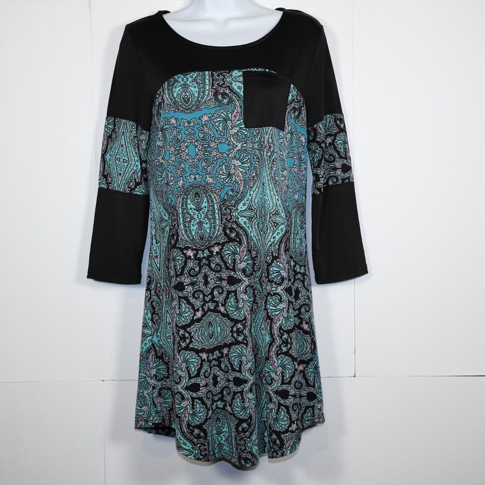 Reborn Womens Size S Shirt Floral 3/4 Sleeve Black Green Paisley O Neck Blouse